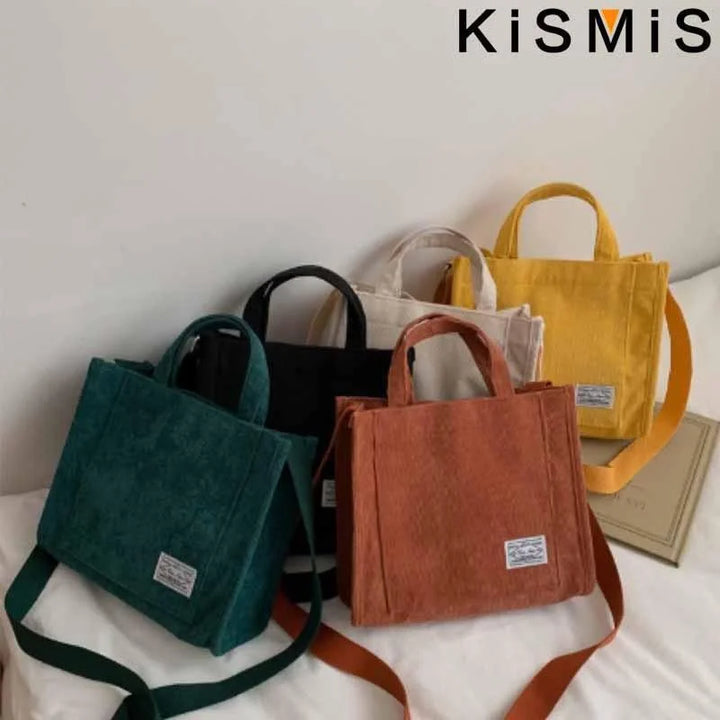 KISMIS New Vintage Women Corduroy Zipper Shoulder Bag Small Cotton Canvas Handbag Casual Tote Crossbody Bag Messenger Bags