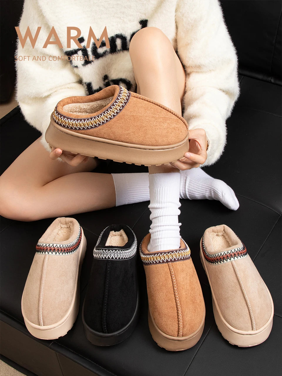 Feslishoet Winter Woman Slippers Plush Interior Anti Slip Sole Thick Bottom Embroider Fashion  Warm Slippers Use Indoor Outdoor