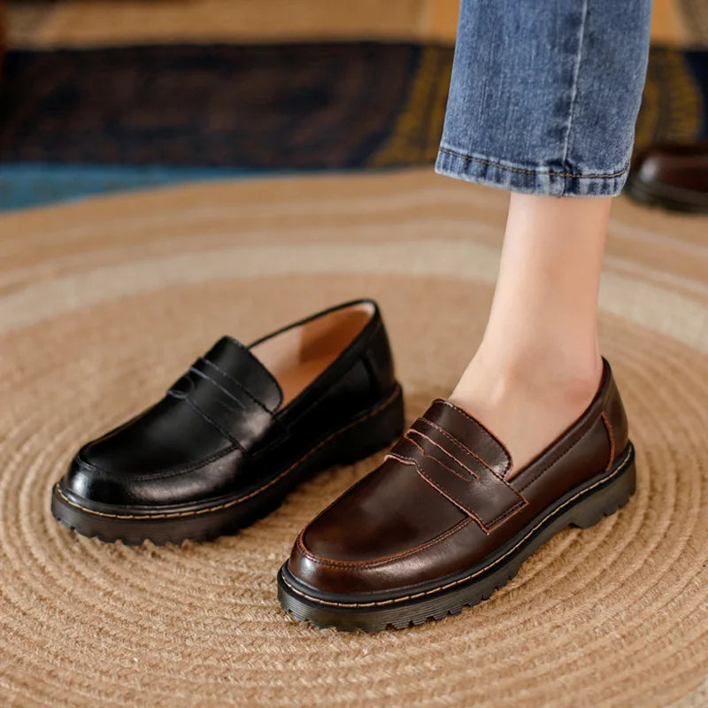 34-40 Women Oxfords Women's Shoes Ladies Leather Female Round Toe Sewing Retro Comfortable Footwear Lolita Shoe Brown