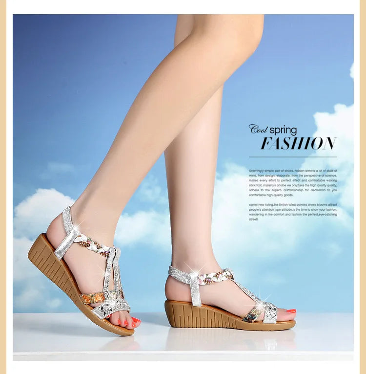 Shoes for Women Summer Women Wedge Bohemia Rhinestones Casual Platform Sandals Female Peep Toe Outdoor Beach Shoes 34-43