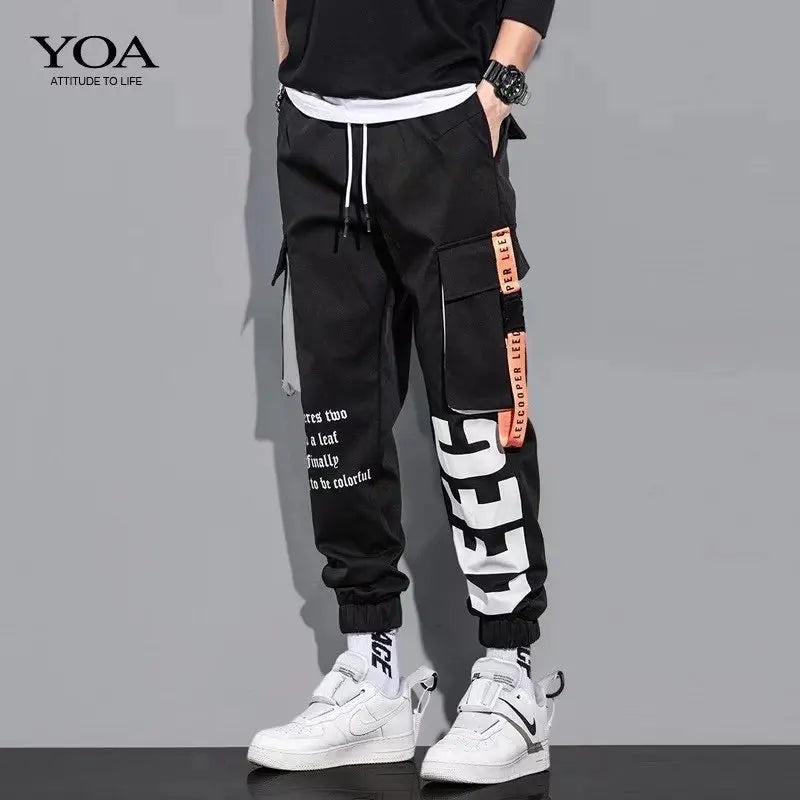 Men's Cargo Pants Casual Hip Hop Hit Color Multiple Pockets Trousers Streetwear Ribbons Techwear Sweatpants