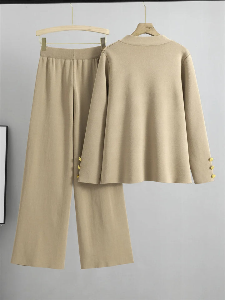 Fall Winter Women's Knit Sweater Sets Large Gold Button V-neck Cardigan Coats Conjunto High Waist Baggy 95cm Wide Leg Pants Suit