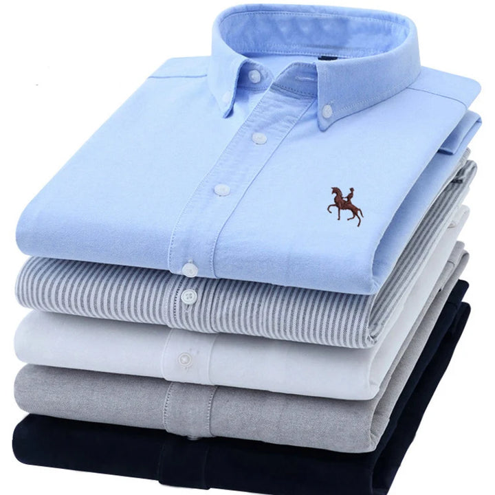 S-6XL Oxford Shirts for Men Long Sleeve Pure Cotton Solid Stripe Leisure Embroidered Horse Streetwear Business Plain Office 6XL