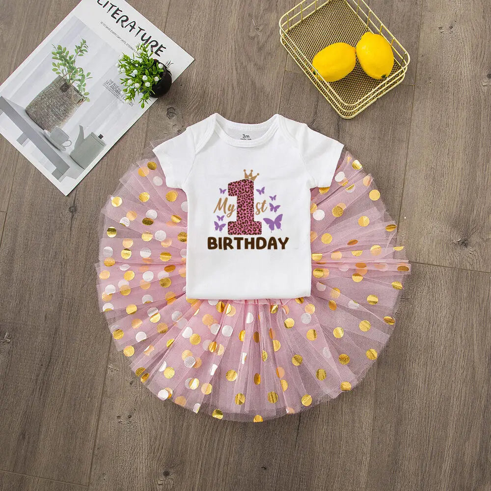 My 1st Birthday Baby Girl Birthday Dress + Bodysuit Set Pink Tutu Cake Dresses + Romper Outfits Girls Summer Clothes Jumpsuit