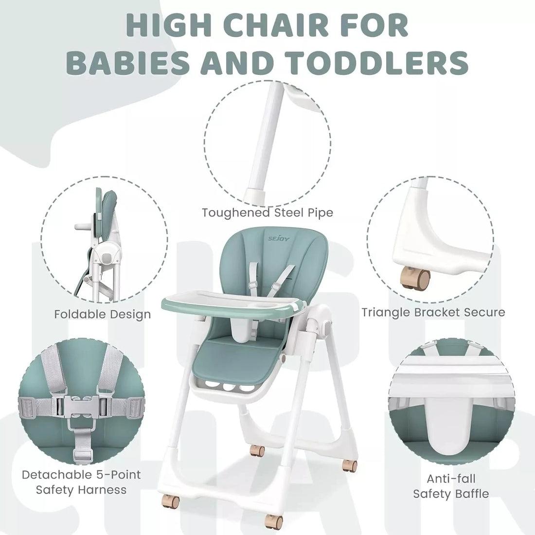 Sejoy Baby High Chair Foldable Highchair Adjustable Backrest Double Removable Tray Detachable PU Leather Cushion High Chair for