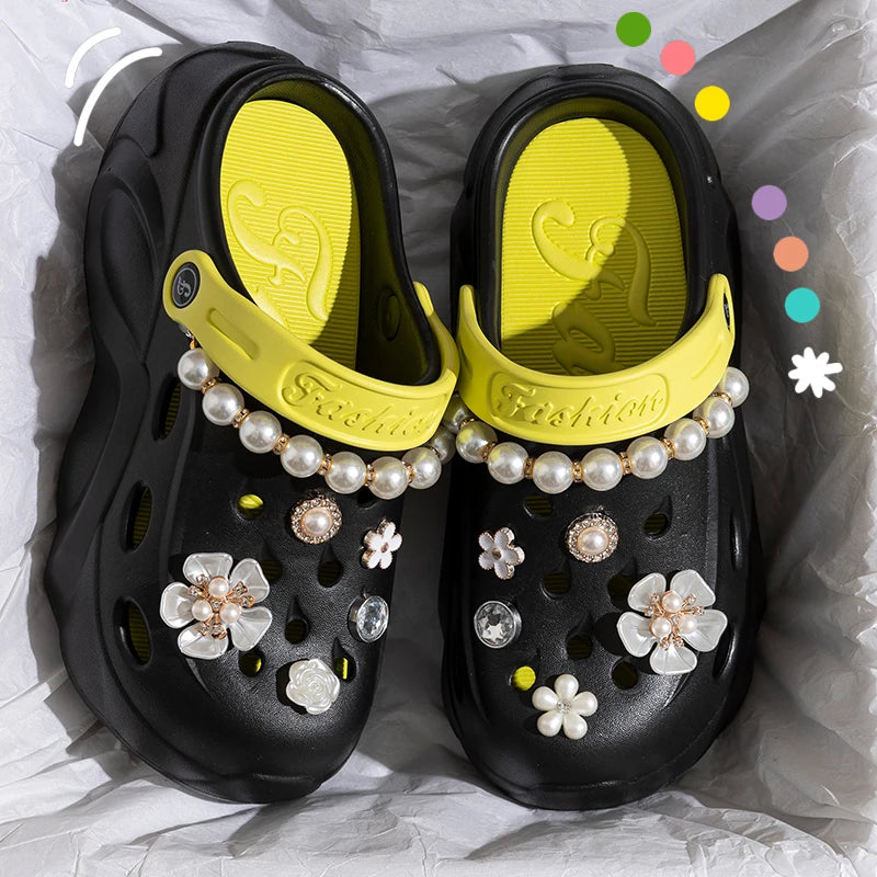 Pearl Chain Chunky Platform Sandals for Women 2024 Summer Thick Sole Beach Sandals Woman Flowers Non Slip EVA Clogs Garden Shoes