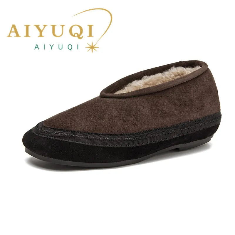 AIYUQI Winter Flat Shoes Women 2024 New Wool Lining Warm Women Snow Shoes Genuine Leather Comfortable Female Winter Ballet Shoes