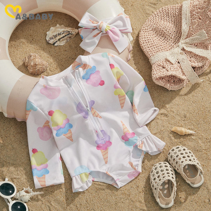 ma&baby 0-24M Newborn Infant Toddler Baby Girls Swimwear Shell Long Sleeve Swimsuit Ice Cream Print Zip Up Bathing Suit