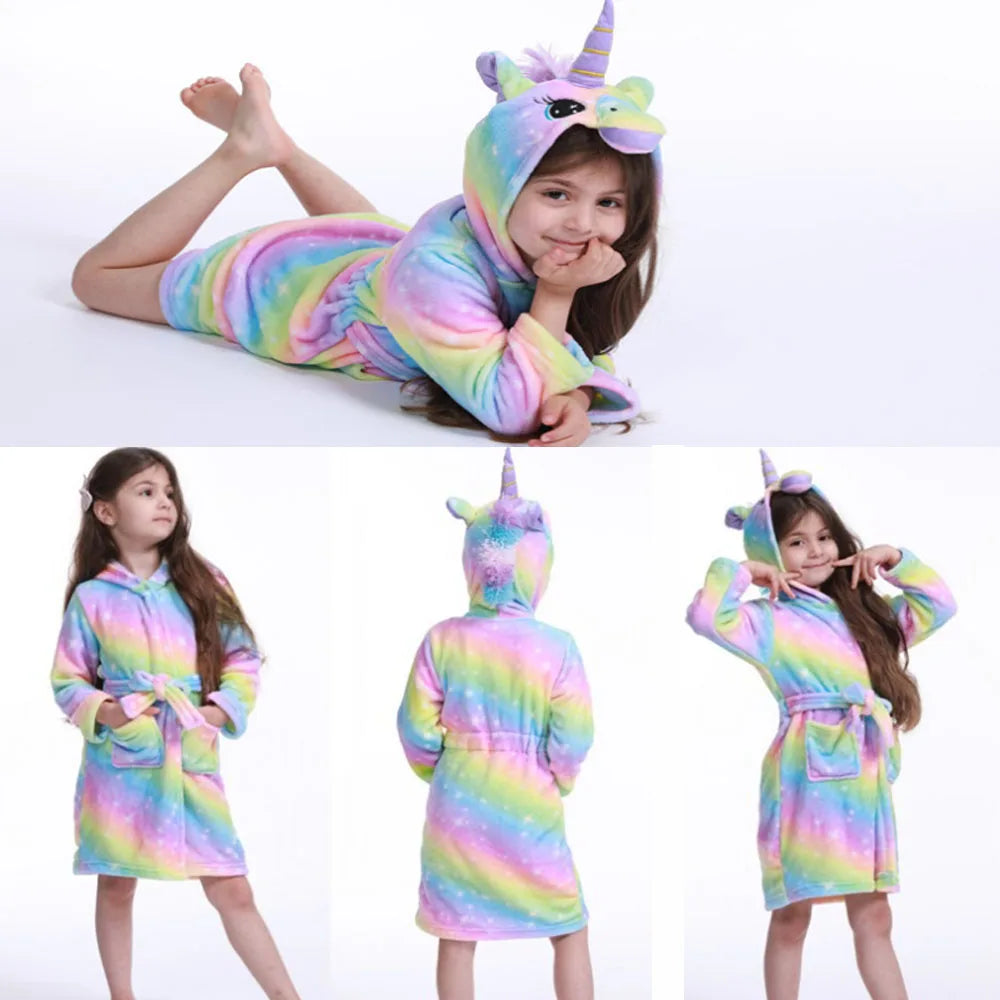 Lilo & Stitch Disney Girls Robes Children's Nightgowns Flannel Winter Sleepwear Kids Pyjamas Blue Stitch Unicorn Kigurumi Robes