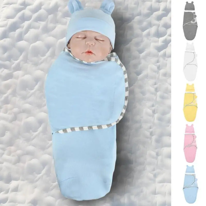 Baby Swaddle Blanket with Hat Adjustable Soft Cotton Nursery Swaddling Sack All Seasons Infant Sleeping Supplies for Boys Girls