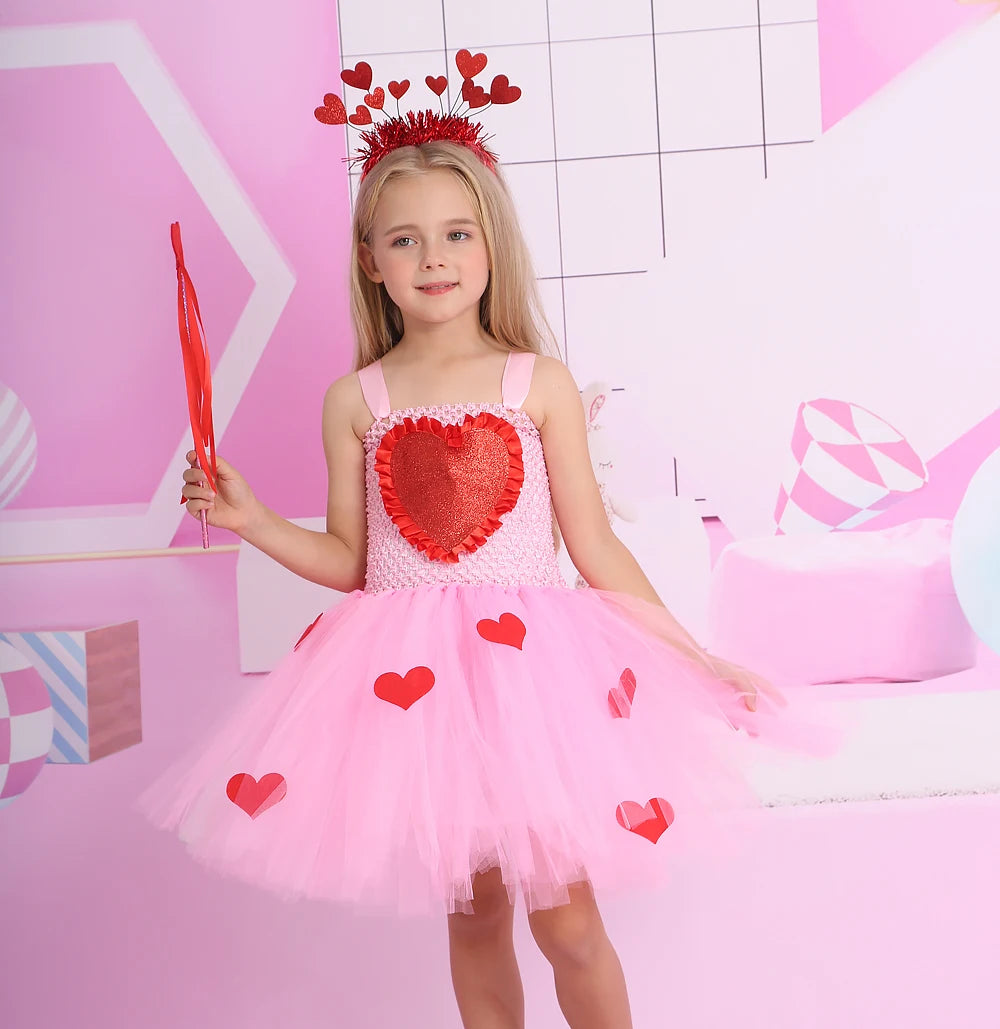 New Valentine's Day Girls Tutu Dress Princess Baby Birthday Cake Smash Tulle Dress Summer Love Heart Kids Carnival Party Dresses