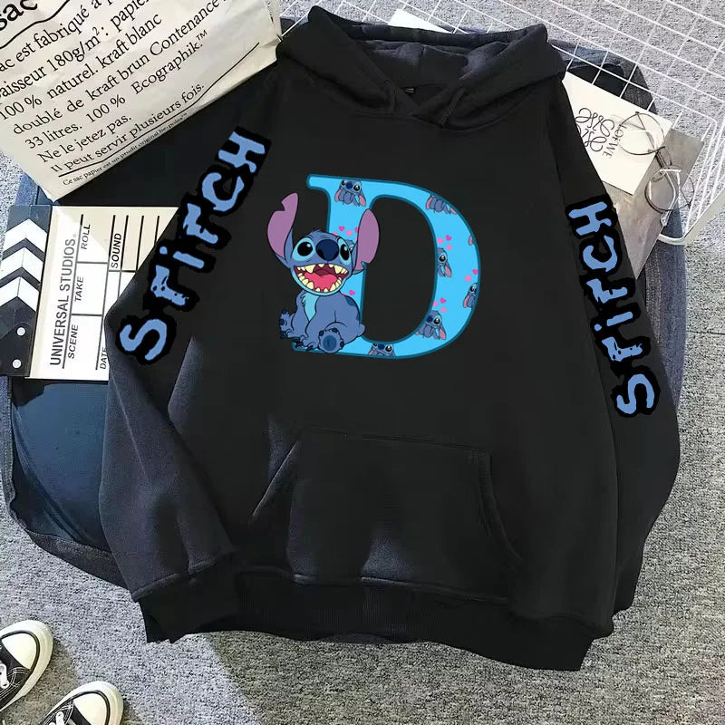 2024 Women's Winter Jacket Cute Kawaii Disney Lilo & Stitch Lucky Letter Print Black Hoodie Fashion Couple Streetwear Sportswear