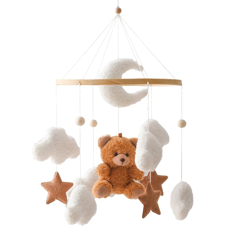 Baby Wooden Bed Bell Mobile Hanging Rattle Toys Teddy Velvet Bear Rabbit Doll Toy Newborn Music Hanger Crib Mobile Bracket Gifts