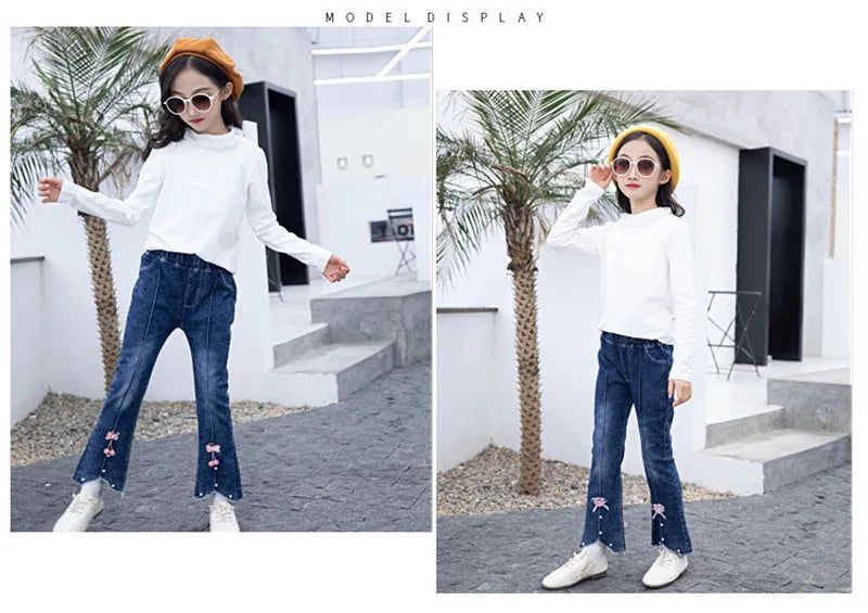 2024 New Autumn Elastic Kids Jeans Girls Cute Leisure Bow Denim Blue Children Flared Pants teenage Girl Clothes Trousers 3-12Y