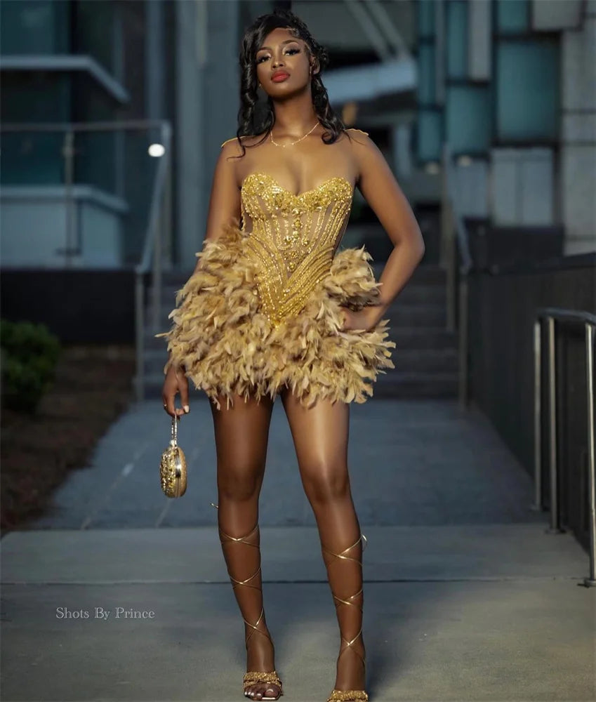 Glitter Gold Diamonds Prom Dress 2024 For Black Girls Glitter Bead Crystal Rhinestones Birthday Party Cocktail Senior Customized