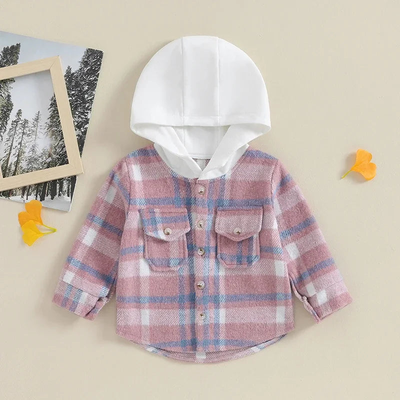 Lioraitiin Toddler Girl Boy Flannel Plaid Jacket Baby Long Sleeve Button Down Hooded Shirt Buffalo Shacket  Fall Winter Clothes