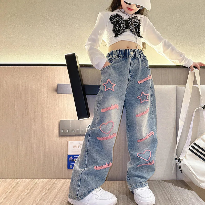 Girls School Wide Leg Pants with Heart Star Design Casual Loose 2024 Kids Fashion Long Jeans Children Korean Style Trousers