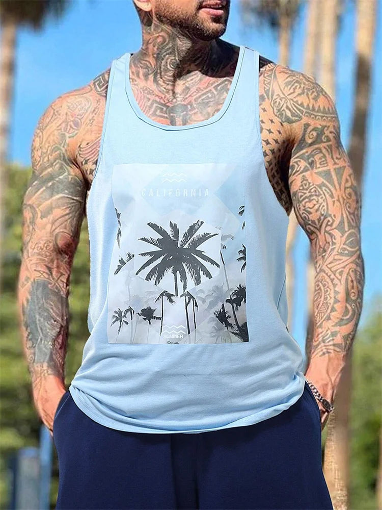 Stylish Men's Vacation Hawaiian Vest Gradient Coconut Print Casual Yacht Party Vest Plus Size Mens Resort Breathable T-Shirt Top