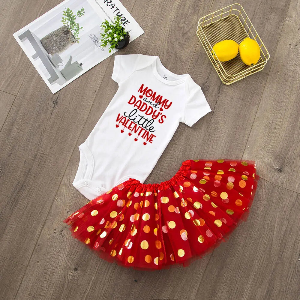 Mommy and Daddy Little Valentine's Day Printed Baby Bodysuit Dress Set Infant Valentine Party Girls  Holiday Romper Tutu Skirt