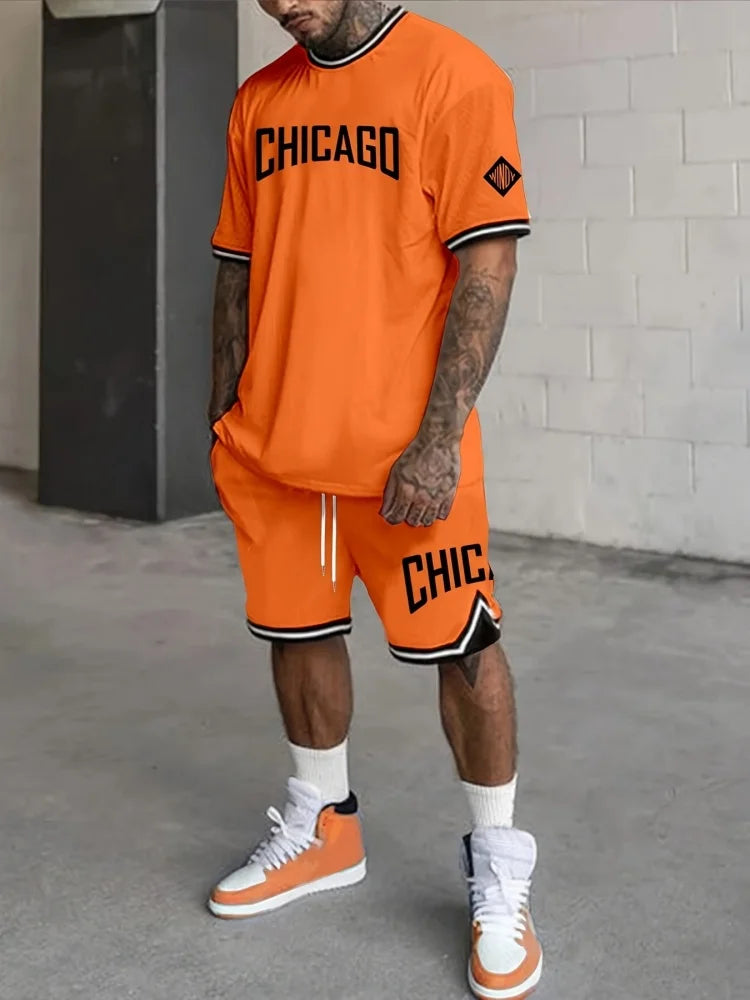 New Street Fashion Basketball T-shirt Outdoor Sports Men's Shorts Chicago Monogram Print Men's Short Sleeve And Shorts Set