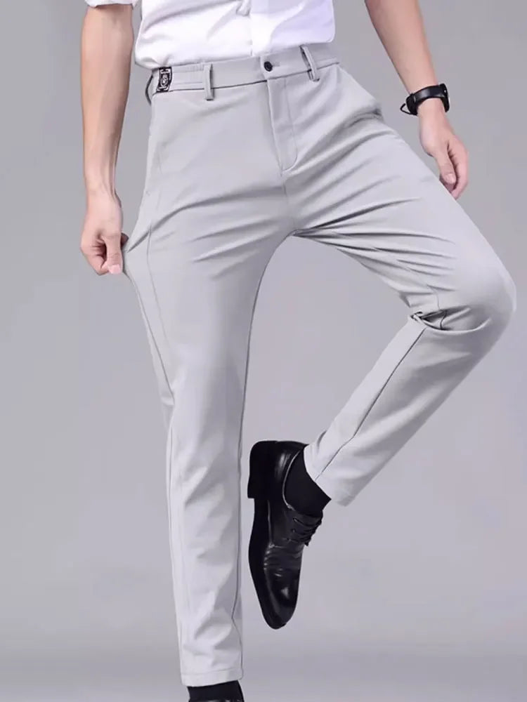 Men's casual pants, semi elastic waistband, nylon ice silk elastic straight tube, light gray, business gentleman, summer casual