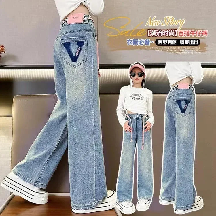 Teenage Girls' Jeans Spring Autumn Kids Korean Casual Pocket Bow Design Denim Pants Fashion Elastic Waist Trousers For Girl