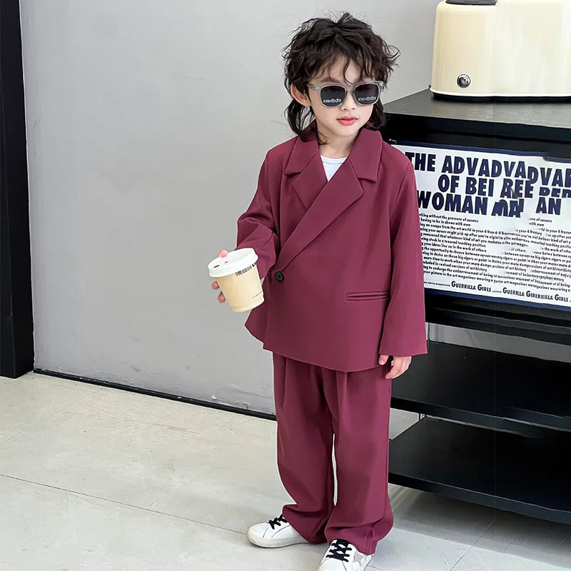 2025 Spring Children Suits Outfits Casual Loose Page Boy Wedding Costume 2 To 12 Y Toddler Host Catwalk Performing Blazers Set