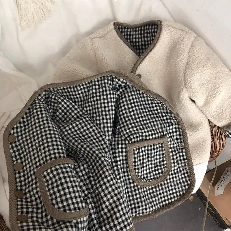 DGUKYM New Autumn and Winter Warm Jacket Children Two Sides Wear Plaid Plush Jacket Kids Jackets Winter Clothes for Girls