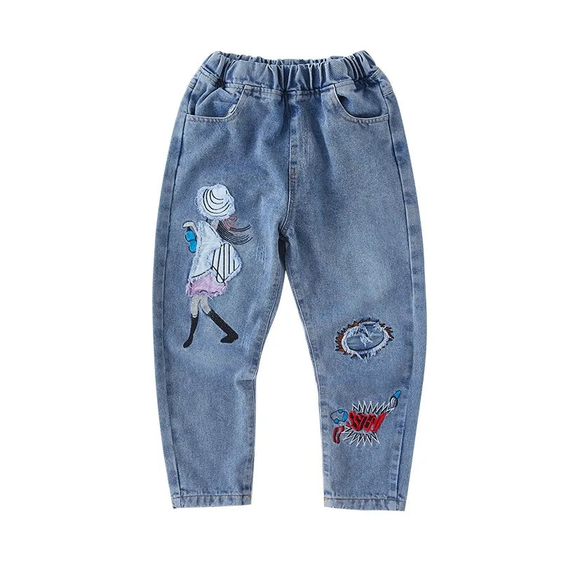 New Teenage Girls Jeans 2024 Spring Autumn Casual Fashion Loose Blue Kids Leg Wide Pants School Children Trousers 3-12Year