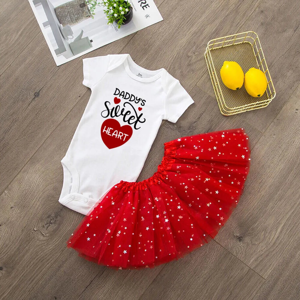 Mommy and Daddy Little Valentine's Day Printed Baby Bodysuit Dress Set Infant Valentine Party Girls  Holiday Romper Tutu Skirt