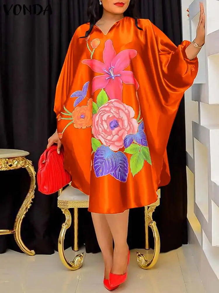 Plus Size 5XL VONDA Women Bohemian Sundress 2024 Autumn Floral Printed Elegant Midi Dress 3/4 Bat Sleeve Casual Loose Retro Robe