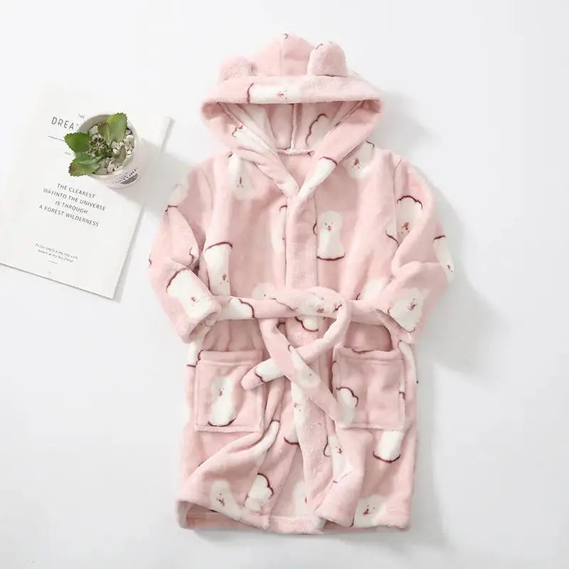 New Autumn Winter Kids Hooded Flannel Bathrobe Baby Bath Robes Boys Girls Cute Cartoon Soft Warm Pajamas Long Sleeve Towel Robe