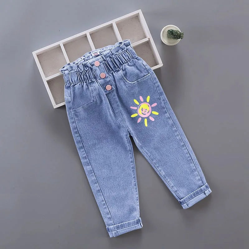 Kids Girl Jeans Floral Cartoon Long Pants Spring Autumn Graffiti Painting Print Casual Trousers with Hole Children Denim Pants