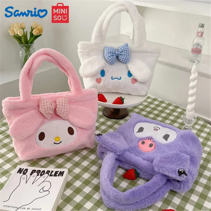 MINISO Sanrio Plush Bag Kawaii Kuromi Cinnamoroll Melody Cartoon Anime Handbag Crossbody Cosmetic Travel Storage Bags