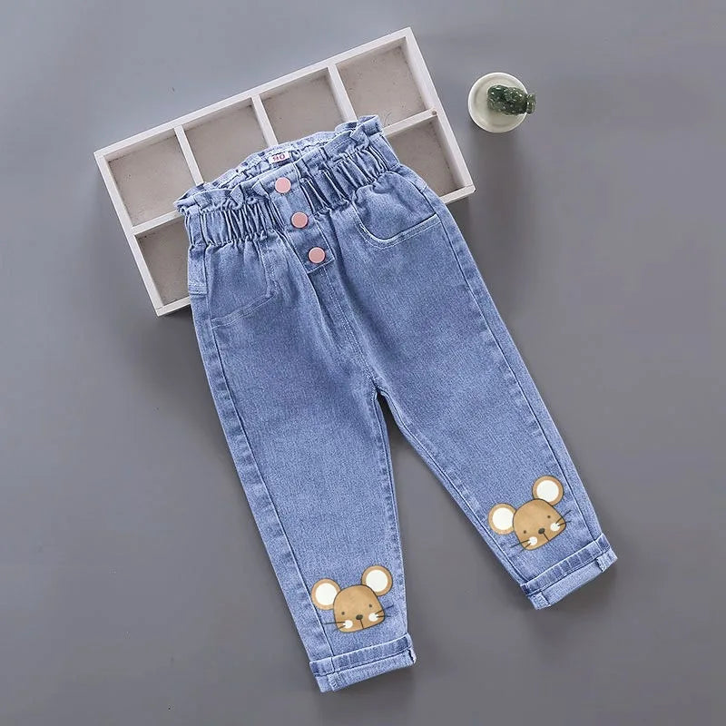 Kids Girl Jeans Floral Cartoon Long Pants Spring Autumn Graffiti Painting Print Casual Trousers with Hole Children Denim Pants