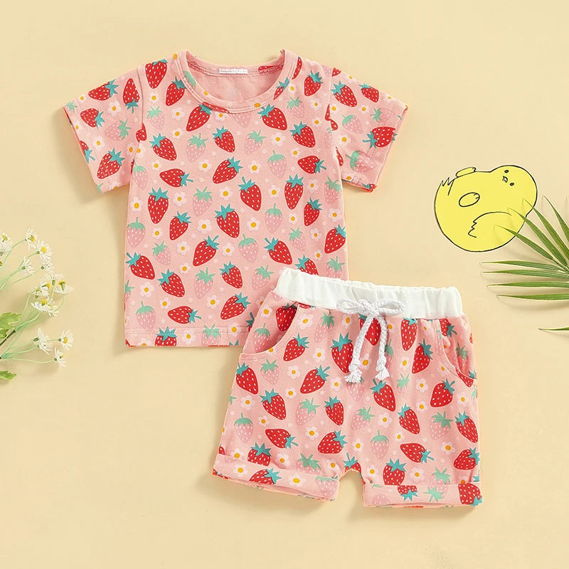 Little Boy Girl Summer Outfit 2024 Cute Animal Print Round Short Sleeve Tops Elastic Waist Shorts Infant Toddler 2 Pieces Set