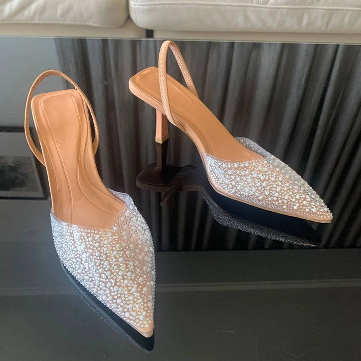 2024 Fashion Summer Women High Heels Pearl Decoration Slingback Woman Pumps Pointed Toe High Heels Sandals Elegant Woman Shoes