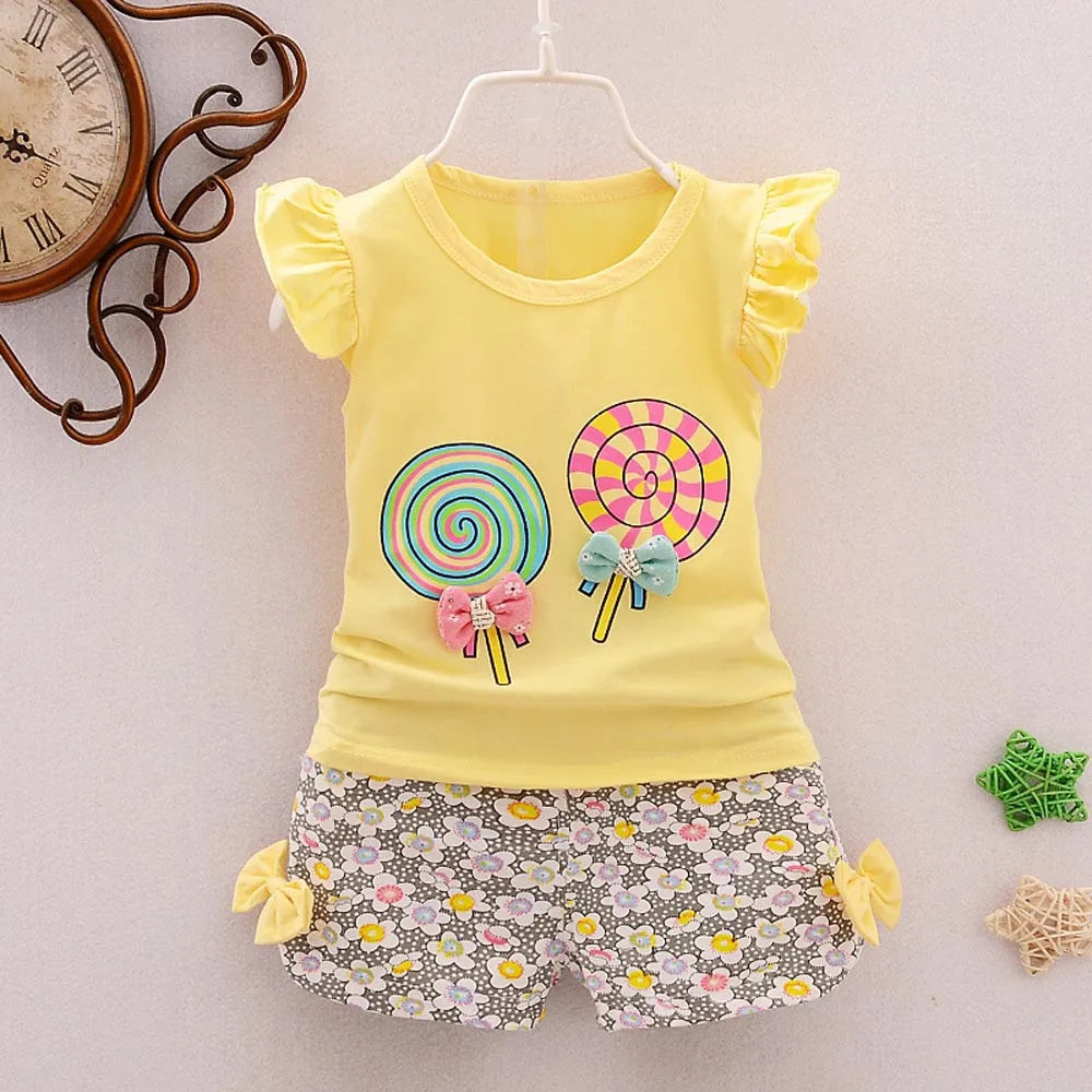 2 Piece Set For Toddler Girl 1~4 Years Children'S Clothing Kids Baby Girls Outfits Lolly T-Shirt Tops+Short Clothes Set 2t 3t 4t