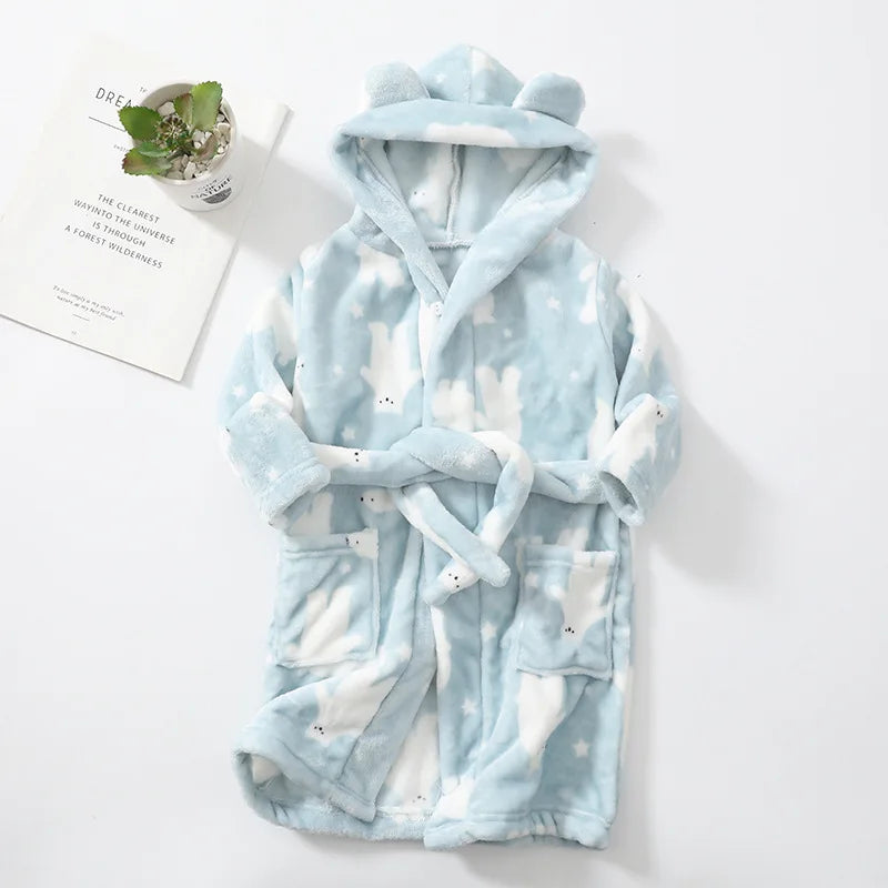 New Autumn Winter Kids Hooded Flannel Bathrobe Baby Bath Robes Boys Girls Cute Cartoon Soft Warm Pajamas Long Sleeve Towel Robe