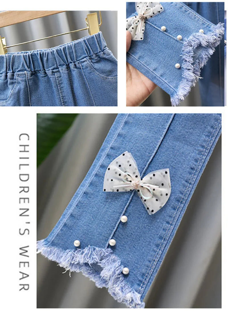 2024 New Autumn Elastic Kids Jeans Girls Cute Leisure Bow Denim Blue Children Flared Pants teenage Girl Clothes Trousers 3-12Y