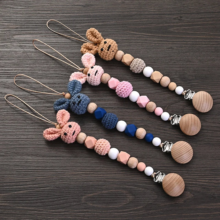 New Baby Wooden Pacifier Clip Wood Crochet Rabbit Teething Soother Chain For Nursing Chew Toy Baby Dummy Holder Chain BPA Free