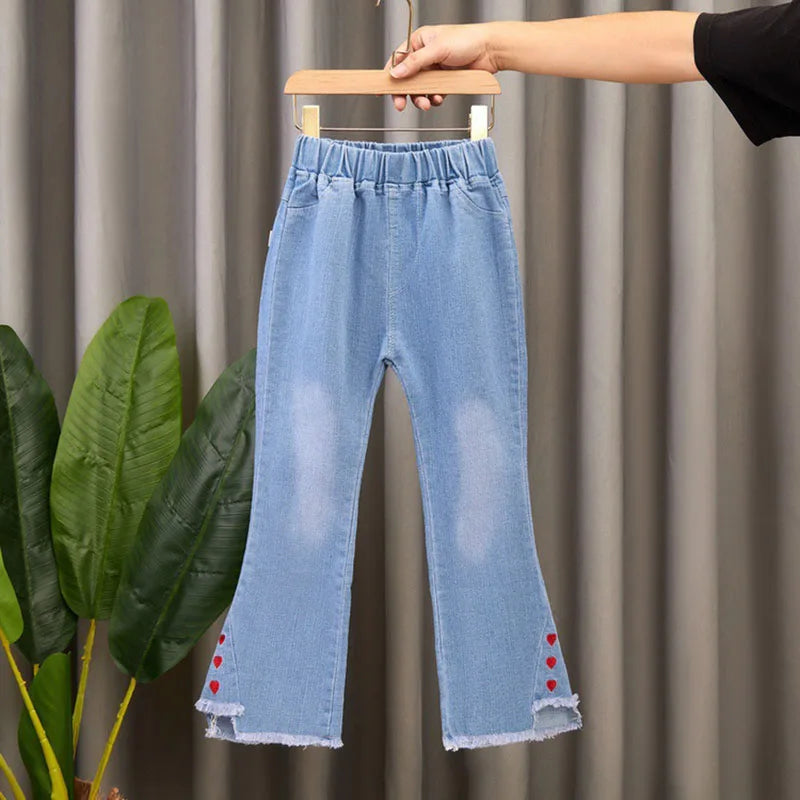 2024 New Autumn Elastic Kids Jeans Girls Cute Leisure Bow Denim Blue Children Flared Pants teenage Girl Clothes Trousers 3-12Y