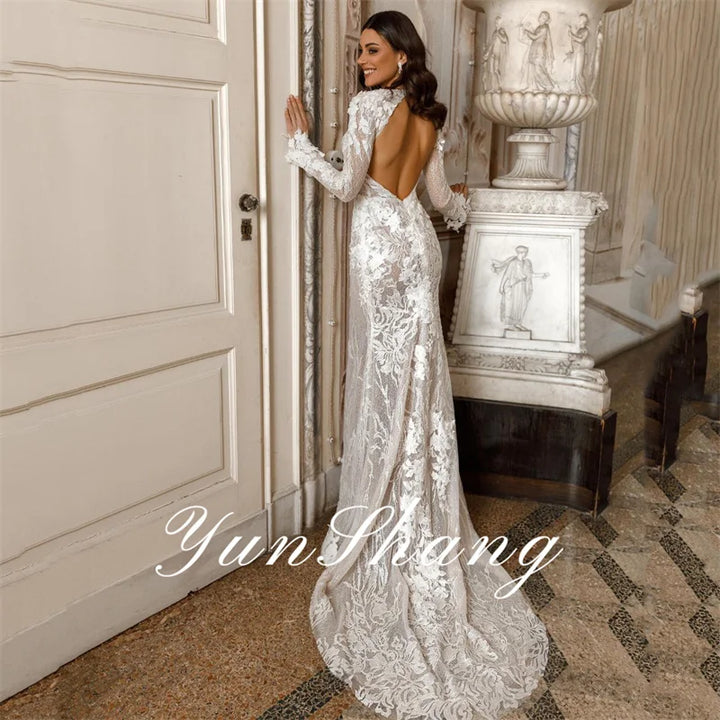 Yunshang Luxury Mermaid Wedding Dresses Women Lace Open Back Long Sleeve V-Neck Split Bridal Gown Vestidos De Novia Customized