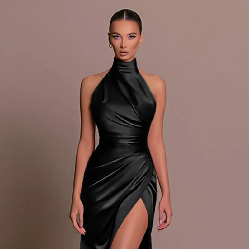 Women Elegant Long Evening Cocktail Party Dress Sexy Halter Backless Ruched High Split Bodycon Wedding Guest Bridesmaid Dress