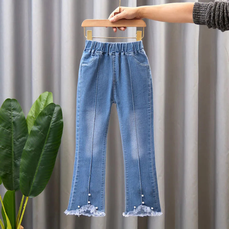 2024 New Autumn Elastic Kids Jeans Girls Cute Leisure Bow Denim Blue Children Flared Pants teenage Girl Clothes Trousers 3-12Y