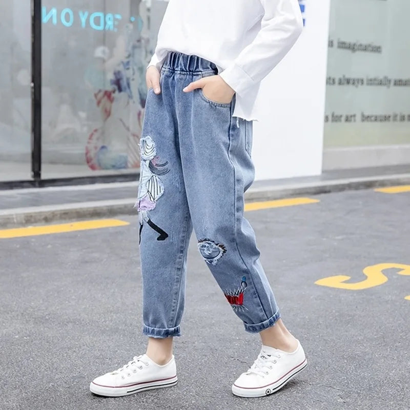 New Teenage Girls Jeans 2024 Spring Autumn Casual Fashion Loose Blue Kids Leg Wide Pants School Children Trousers 3-12Year