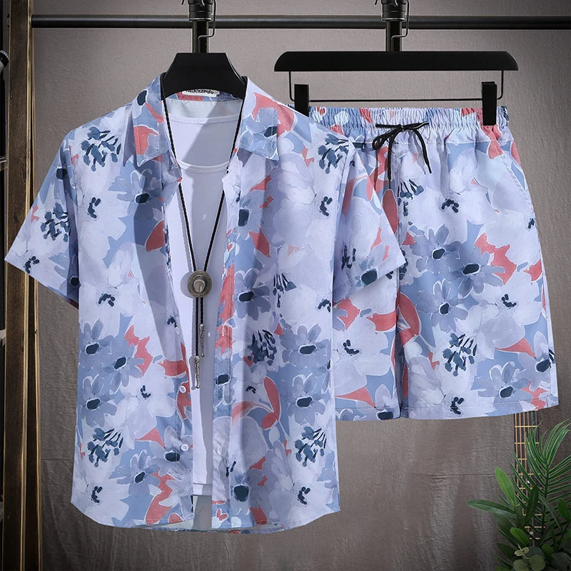 Men's Hawaiian Beach Set Single Breasted Short Sleeve Shirt and Shorts Casual Summer Vacation Travel Outfit