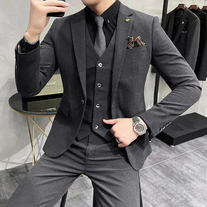 ( Jacket + Vest + Pants ) High-end Brand Boutique Fashion Solid Color Mens Casual Business Suit 3Piece Set Groom Wedding Dress