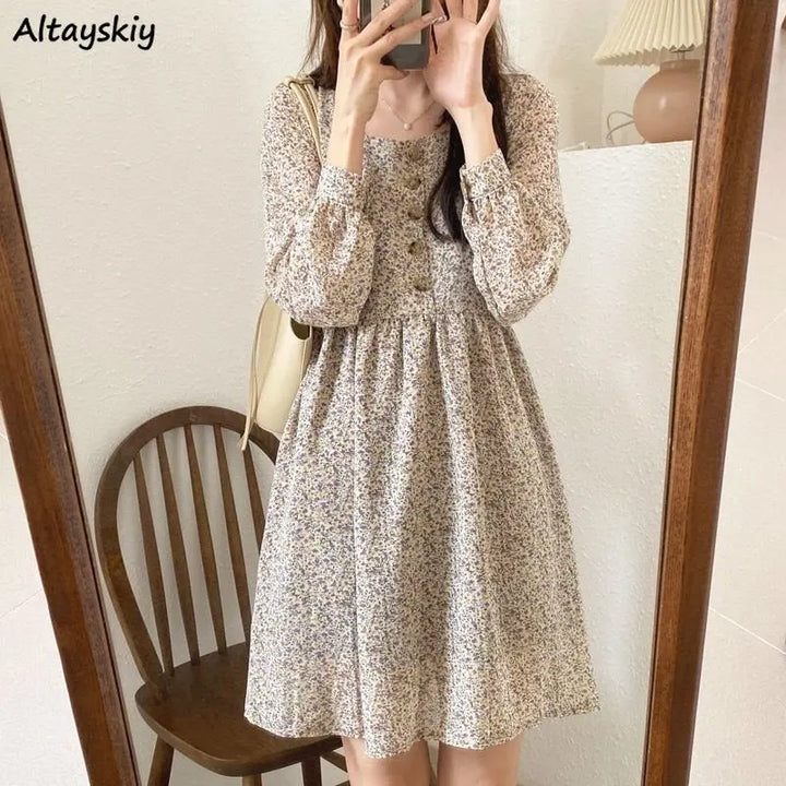 French Vintage Floral Dresses Women Sweet Romantic Young Mini Fashion Ins Temperament Long Sleeve All-match Chic Tender Girls