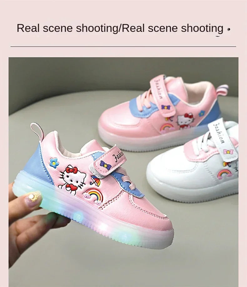 LED Kids Shoes for Girls Cute Cartoon Hello Kitty Shoes Baby Girl Kawaii Canvas Shoes Soft Bottom Sneakers Casual Shoes